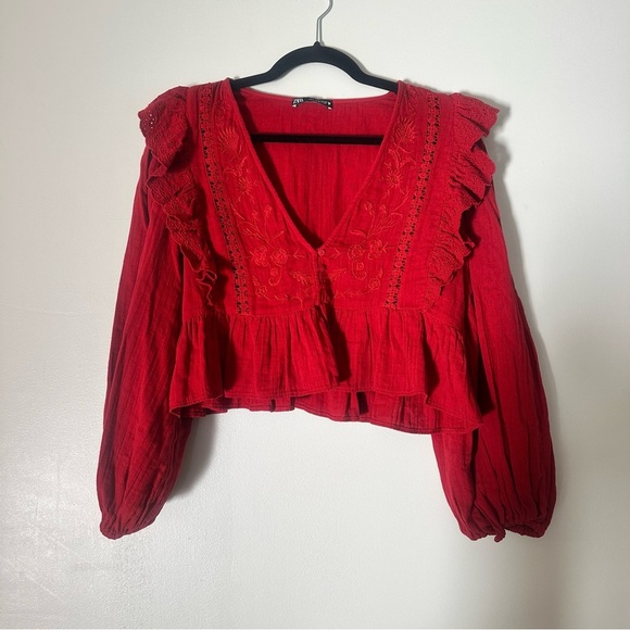 Zara Tops - Zara Embroidery Crop Top Long Puff Sleeves Flowy V Neck Shirt Red Size Small